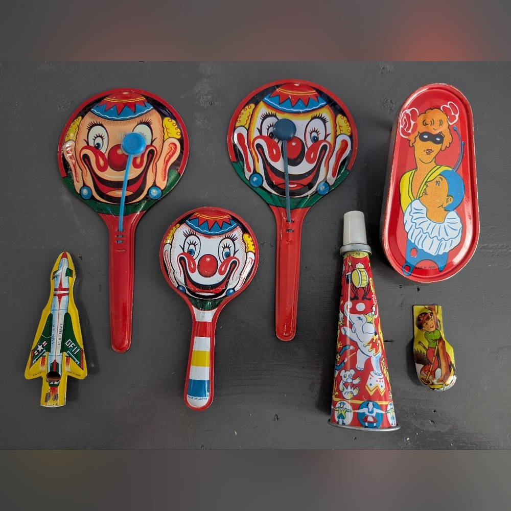 Vintage Tin Toy Noisemakers - Lot of 7 - Clowns, Circus, Airplane, Skiing